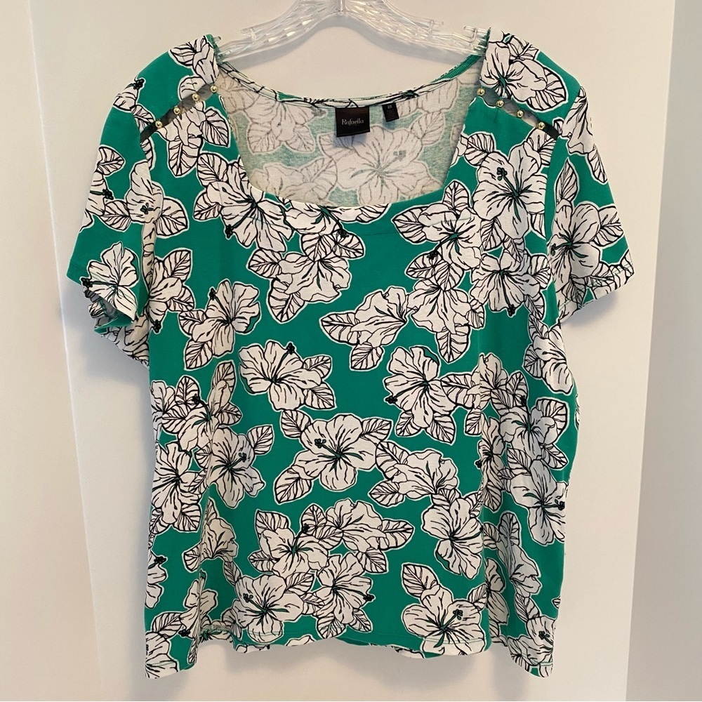 Rafaella Women's Square Neck Short Sleeve Green White Floral Gold Bead Top 2X